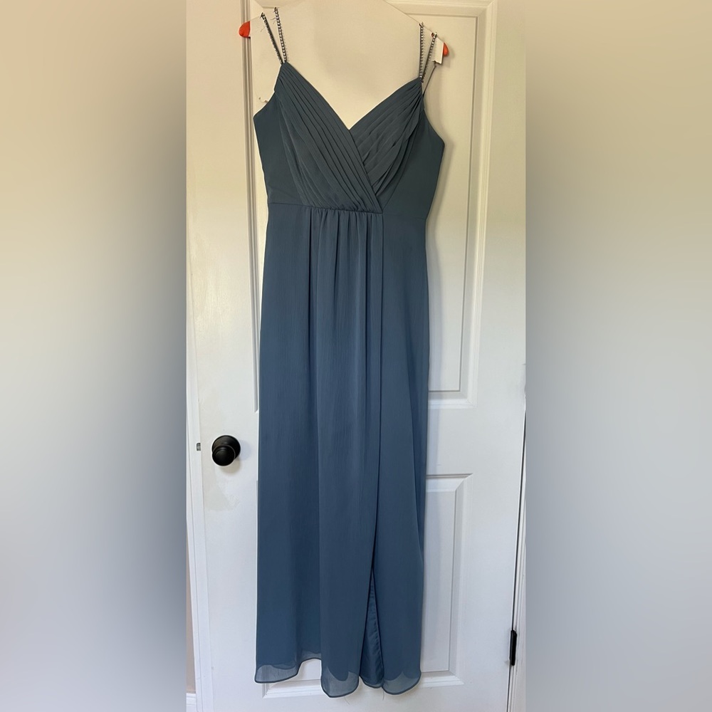 David’s Bridal long bridesmaid dress with beaded straps, steel blue, size 8